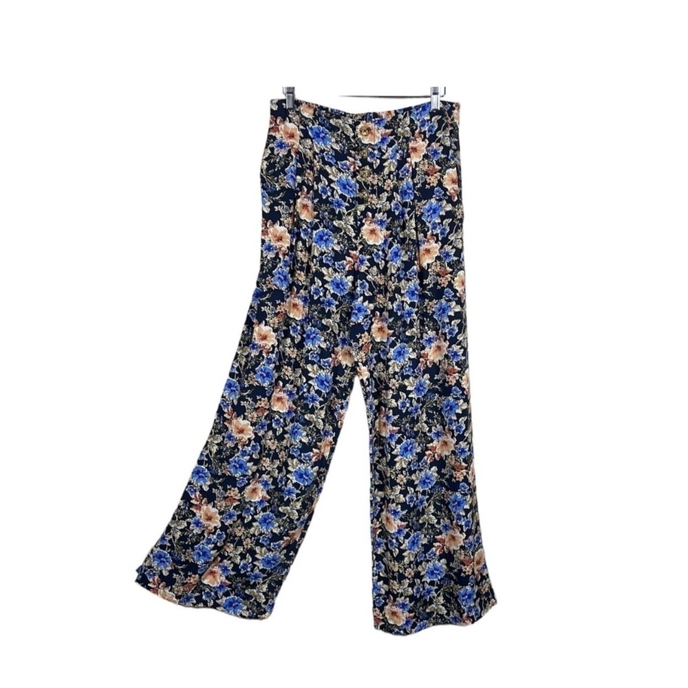 Live To Be Spoiled Pants Floral Wide Leg Navy Blue Boho High Waist Size Large
